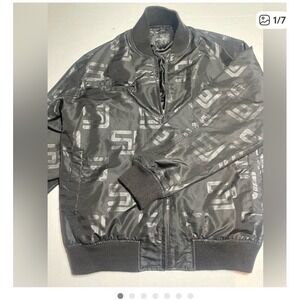 Sean Johnson Black Monogram Bomber Jacket XL – Vintage Style Zip-Up Windbreaker